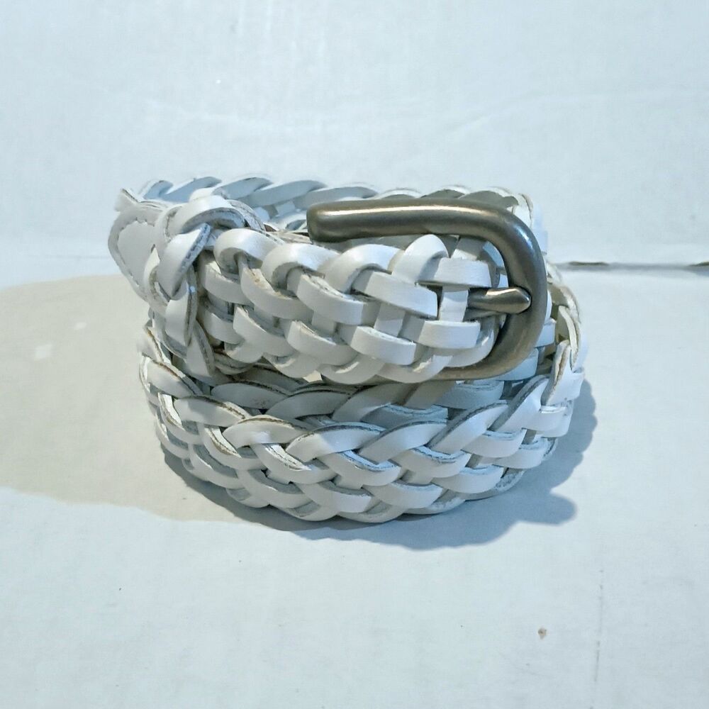Vintage White Leather Woven Braided Belt-Medium-Adjustable-Minimal-Cottage-1990s